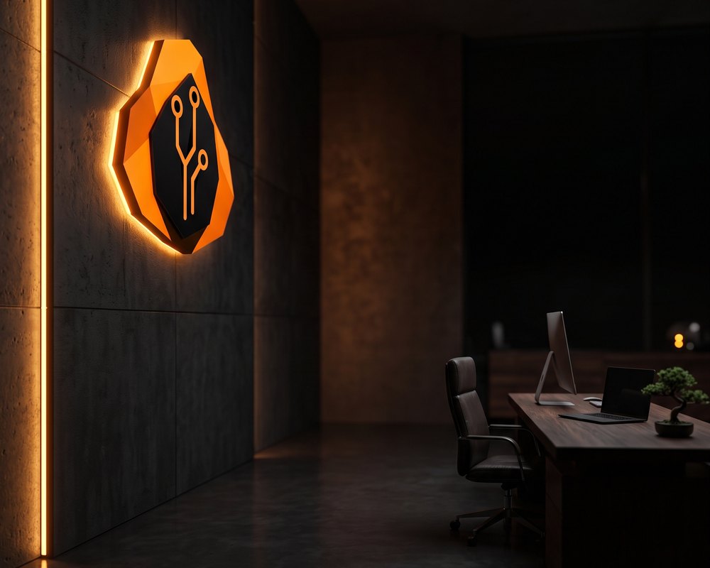 Escritório da RochAI com a logo iluminada